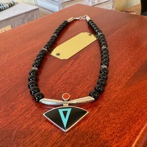 Native American Mark Jimenez Onyx Hematite 925 Gemstone Inlay Pendant Necklace